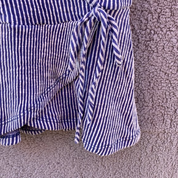 Caution to the wind Blue Vertical Stripe Faux Wrap Flutter Sleeve Top Sz S - Picture 2 of 7